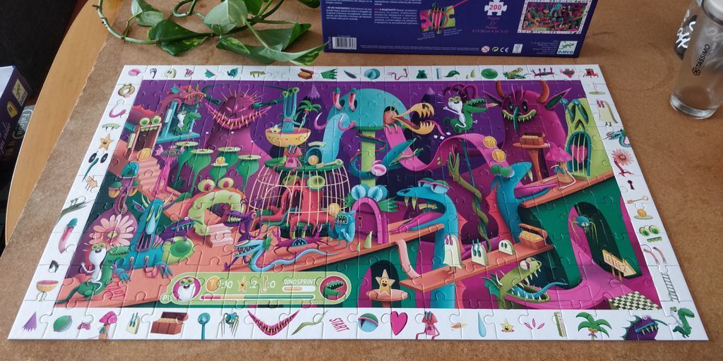 Whimsical fantasy scene with colorful monsters, pink, green, and blue hues.