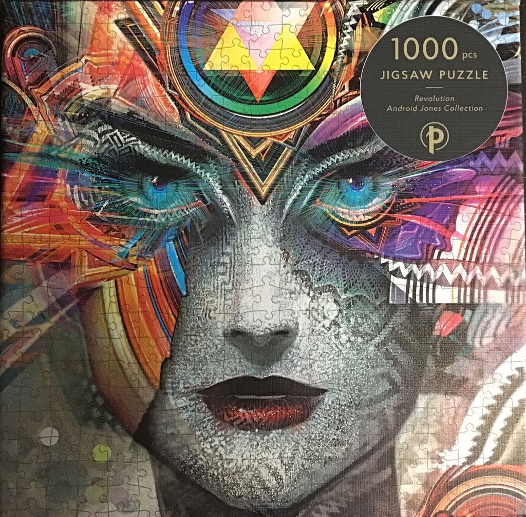 Digital art portrait of a woman with vibrant, psychedelic geometric patterns and intense blue eyes.