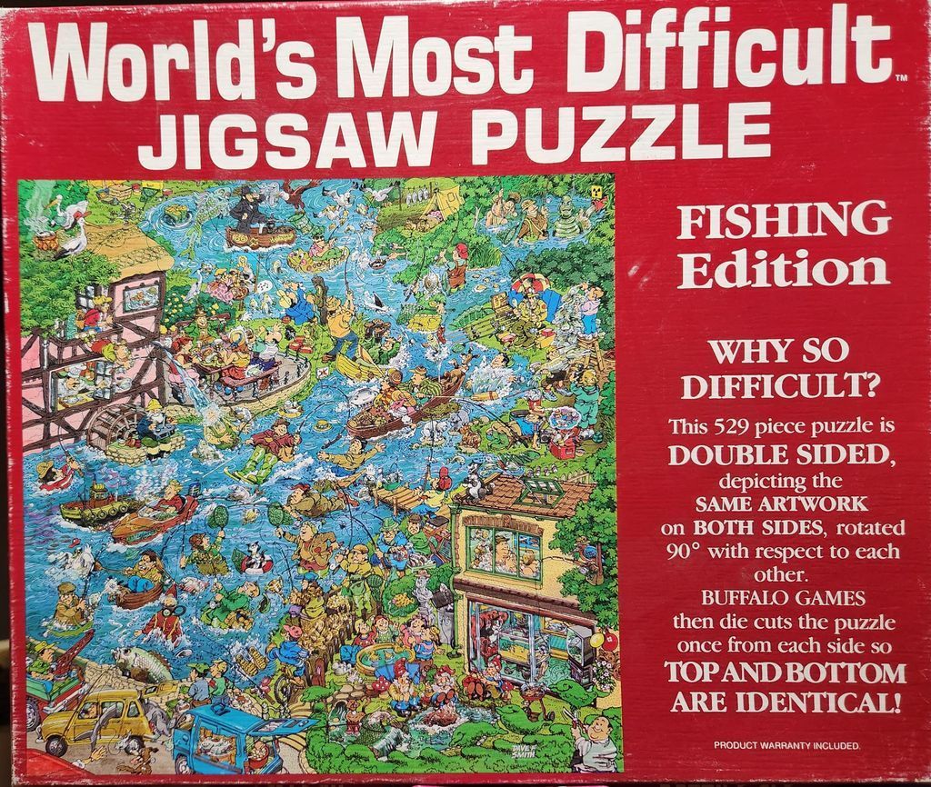 A busy cartoon illustration of people fishing in a river, stream, and lakes area with many humorous activities.