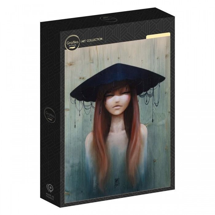 Digital portrait of a woman with long red hair wearing a dark, wide-brimmed sun hat with dangling bead ornaments.