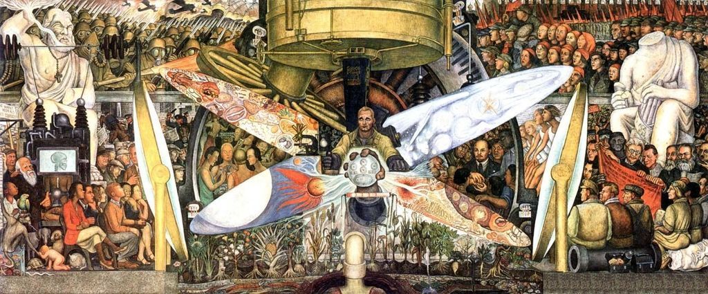 A complex, stylized mural depicting a central worker amidst scientific, industrial, and social imagery.