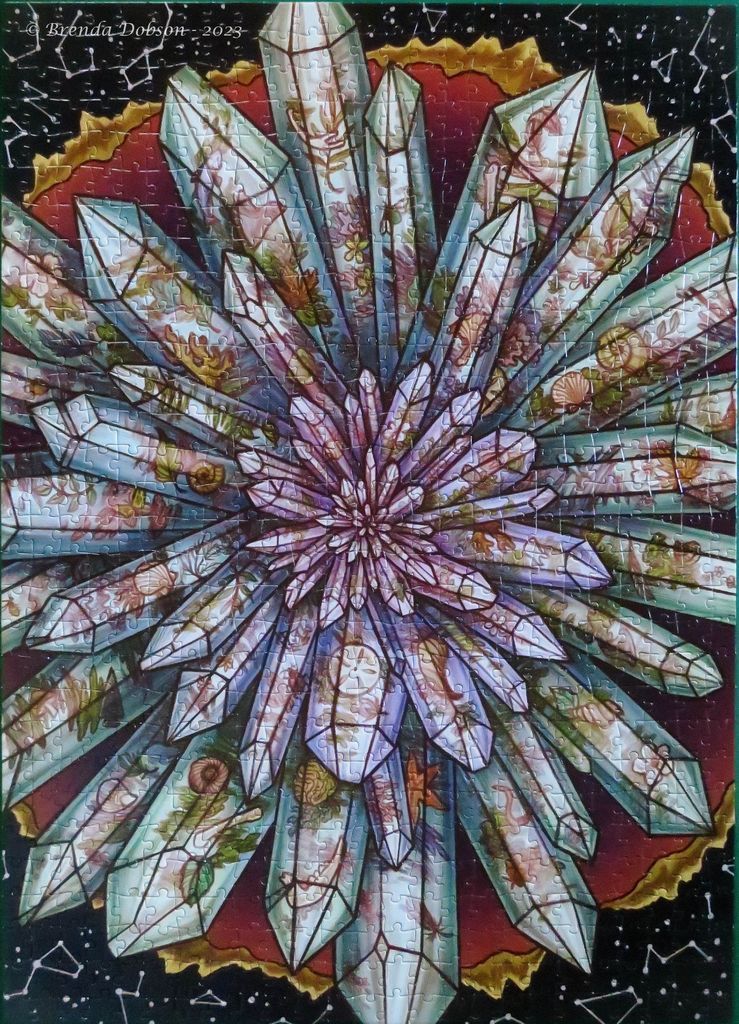A radial illustration of translucent crystals containing floral and natural elements against a dark starry background.