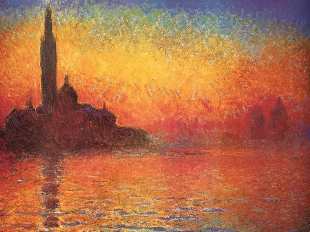 Impressionist painting of a silhouetted church tower against a vibrant orange and yellow sunset over water.