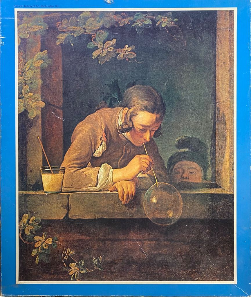 An oil painting of a young man blowing a soap bubble through a straw while another child watches from behind a ledge.