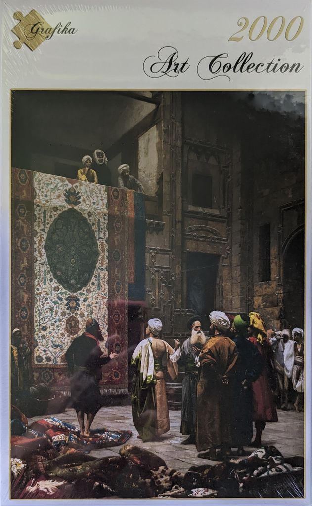 An Orientalist painting of men examining a large ornate rug hanging in a Middle Eastern market square.