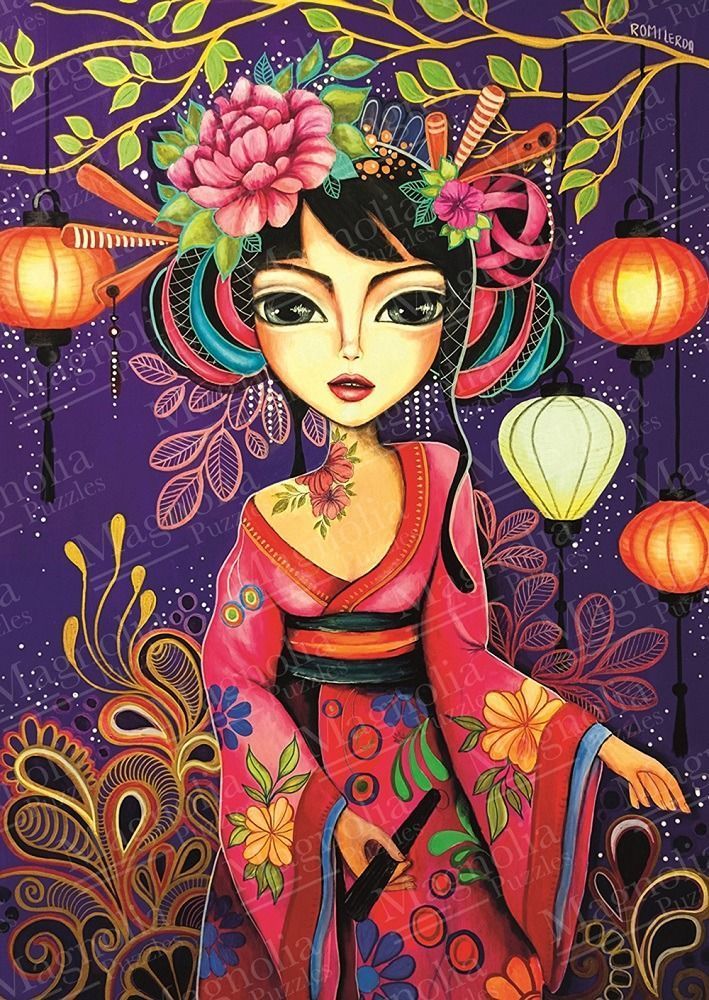 A whimsical illustration of a stylized woman in a kimono surrounded by glowing lanterns and ornate patterns.