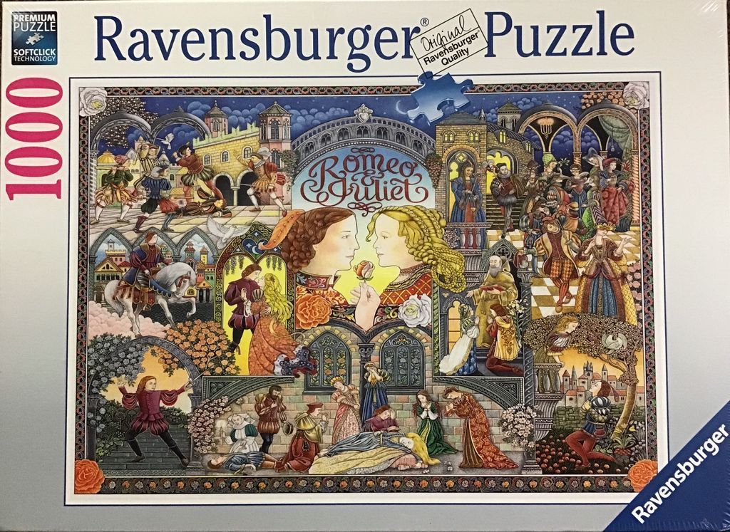 Illustration depicting various scenes from the play Romeo and Juliet arranged in a mosaic style.