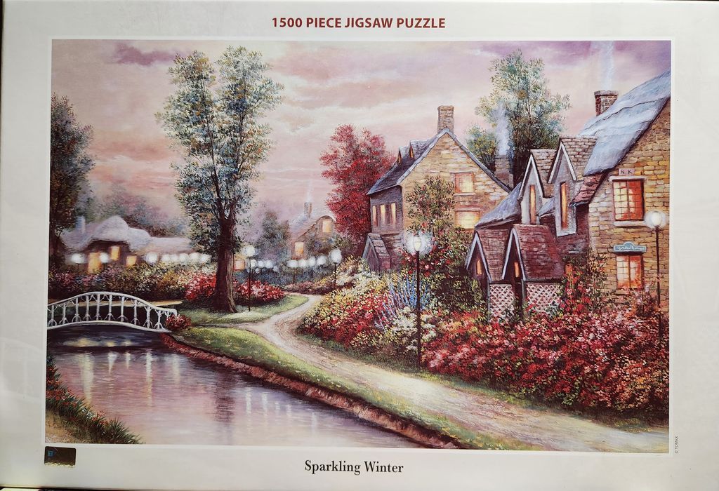 A peaceful village scene at twilight with stone cottages, a small bridge over a stream, and vibrant autumn gardens.