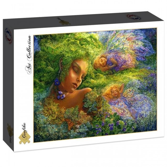 Fantasy illustration of a large woodland spirit and two smaller fairies sleeping in a lush, green forest.