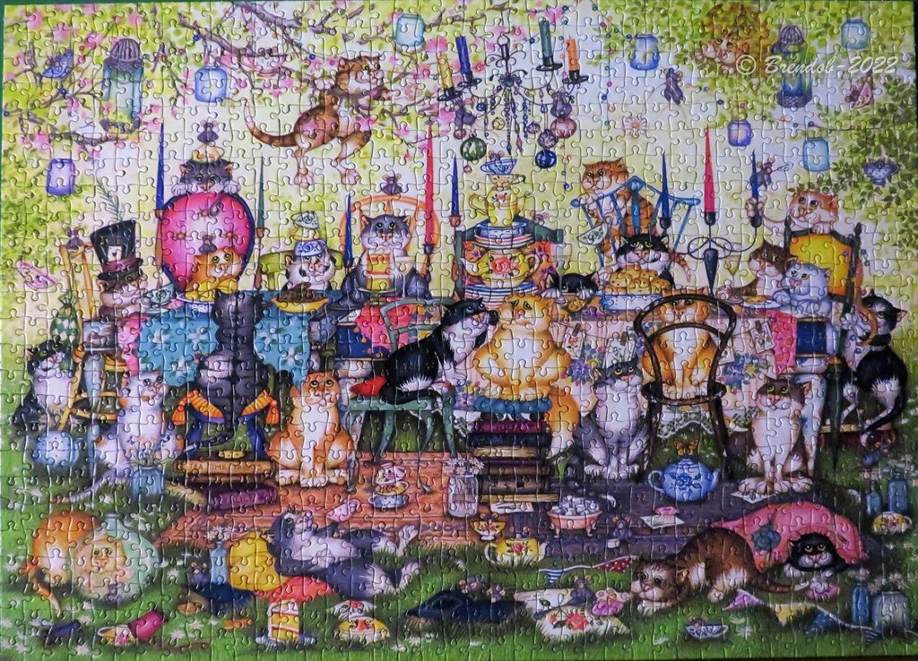 A whimsical illustration of many cats having a tea party in a lush, magical garden setting.