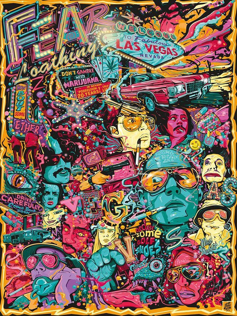 A psychedelic, densely packed illustration featuring characters, cars, and neon iconography referencing Las Vegas.