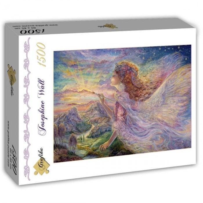 A whimsical painting of a fairy with wings painting a mountain sunrise in the sky with a brush.