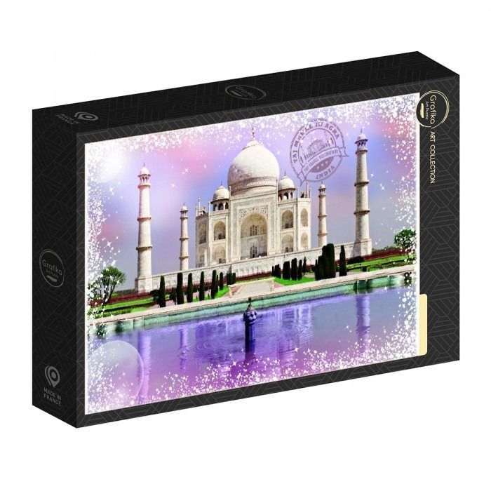 The Taj Mahal under a dreamy purple and pink sky with a sparkling border effect.