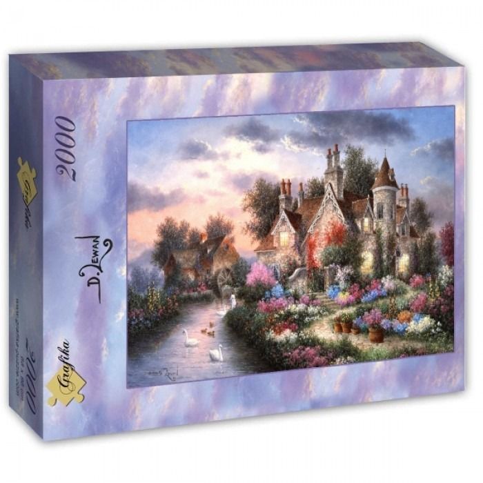 A romanticized country cottage by a stream with swans, a stone tower, and a vibrant flower garden at dusk.