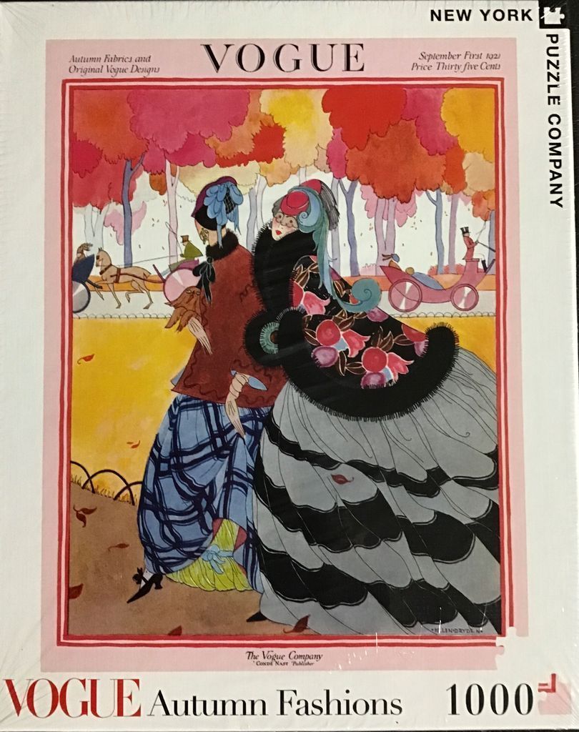 Art Deco illustration of two women in elegant autumn fashion walking in a park, from a 1921 magazine cover.