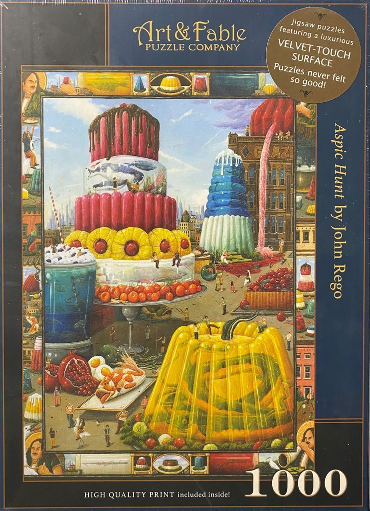 Surreal illustration of giant molded gelatin desserts in a city landscape.