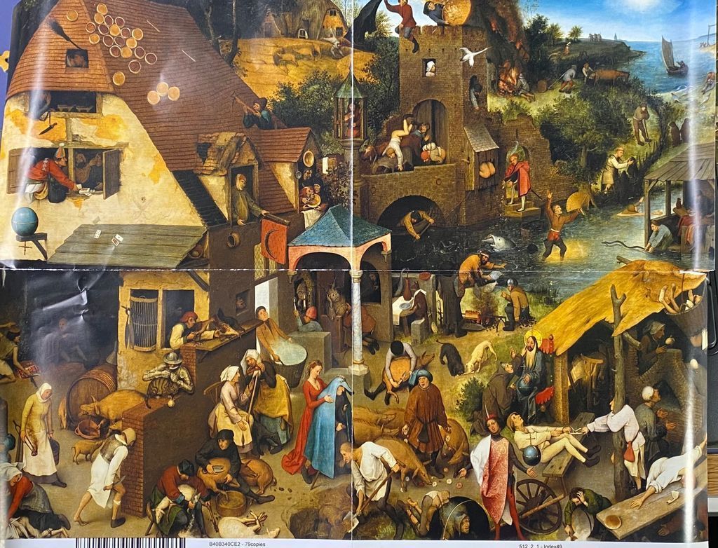 A densely populated scene depicting numerous Flemish proverbs and folk activities in a village setting.