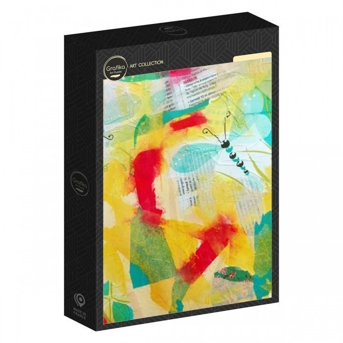 Abstract collage artwork featuring a stylized dragonfly amidst vibrant yellow, red, and turquoise paint layers.