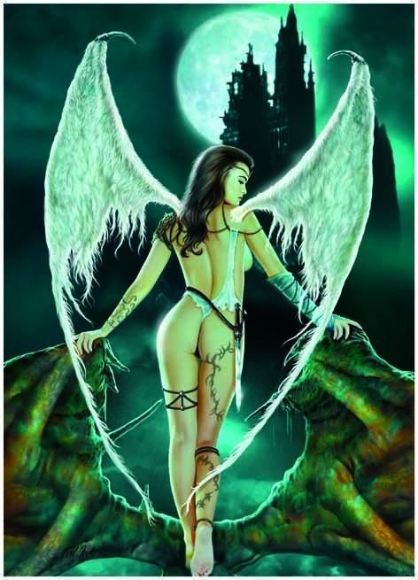 A winged woman standing atop a dark, dragon-like creature against a large full moon and a silhouetted castle.