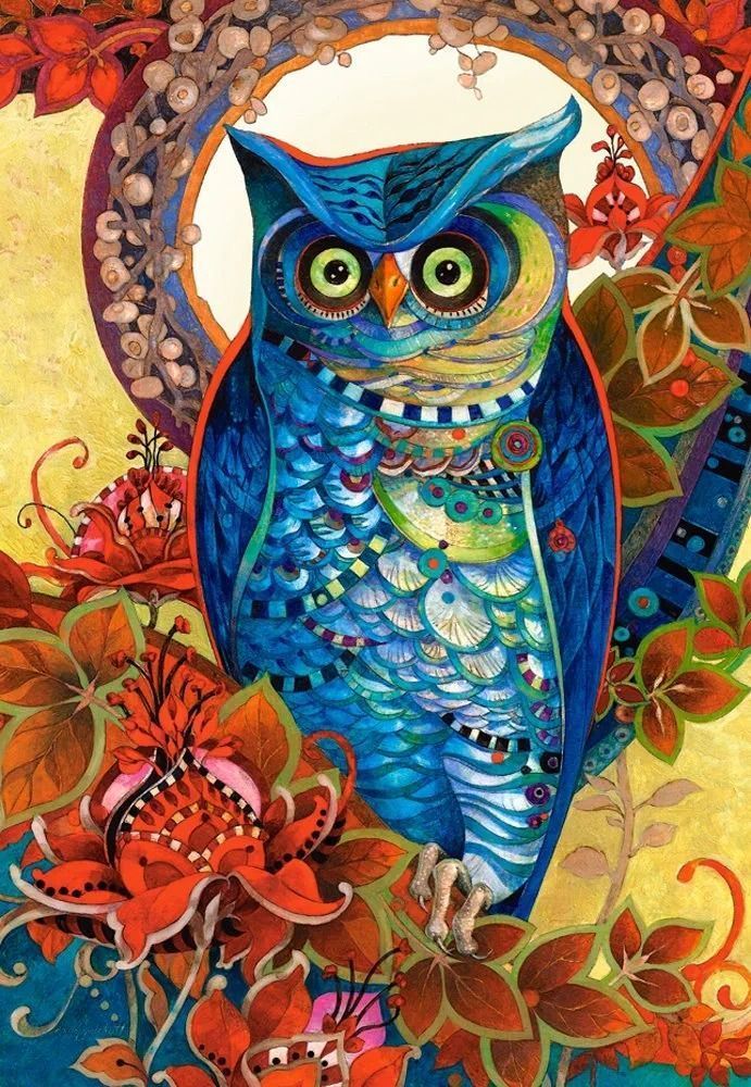 An intricately patterned blue owl surrounded by vibrant orange leaves and decorative foliage.