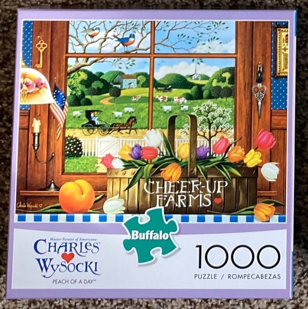 A folk art painting of a farm scene viewed through a window, featuring a basket of tulips and a peach in the foreground.