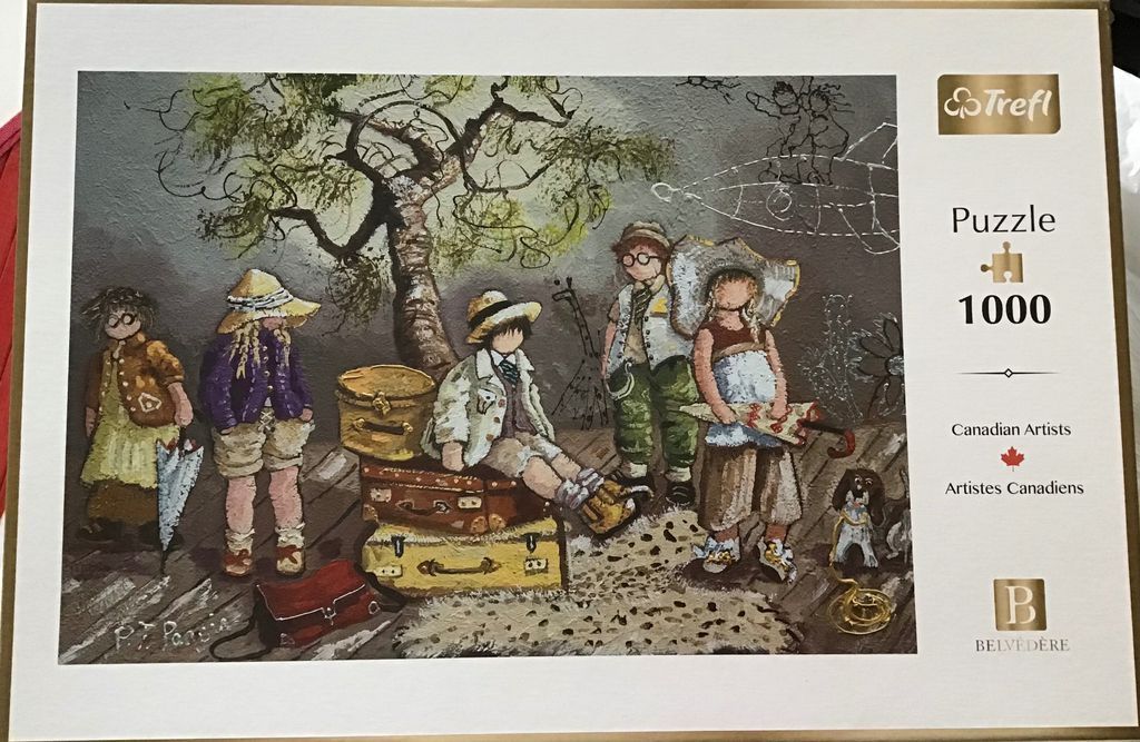Whimsical painting of four children in vintage-style clothing standing around stacked luggage near a tree.