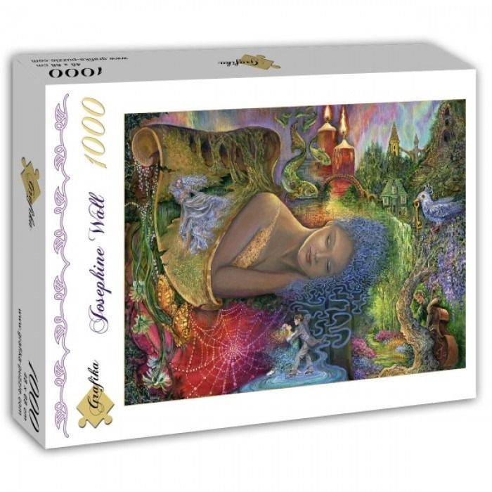 Surreal fantasy illustration of a woman reclining in a landscape with dancing figures and mystical elements.