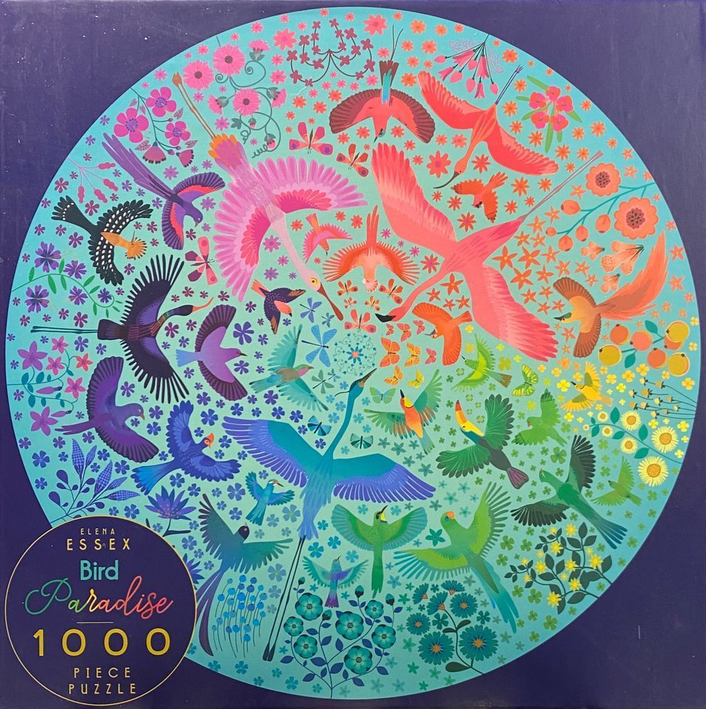 A vibrant circular illustration of various birds and flowers arranged in a rainbow color spectrum.