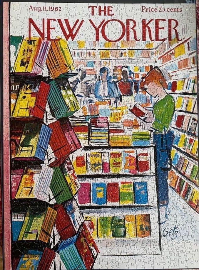 Vintage magazine cover illustration of a woman browsing a colorful, crowded bookstore.
