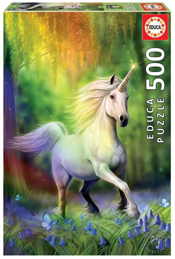A majestic white unicorn with a shimmering horn standing in a lush, magical forest with bluebells and butterflies.