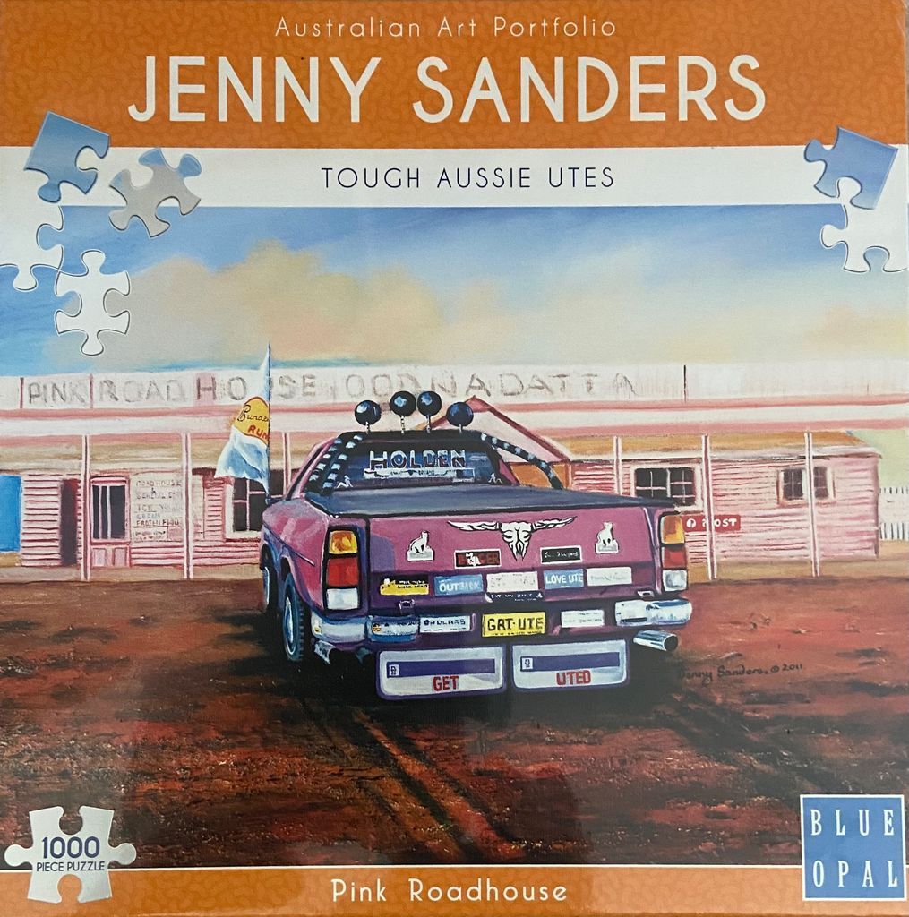 A painting of a pink ute parked in front of the Pink Roadhouse in Oodnadatta under a sunset sky.