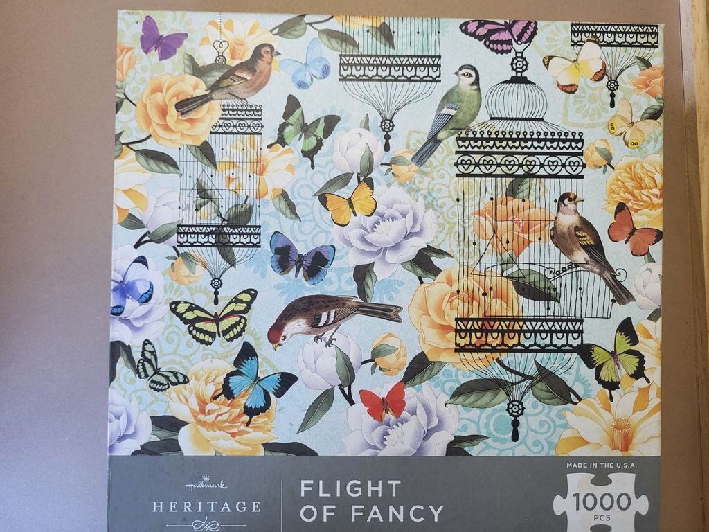 A whimsical illustration of birds, butterflies, and oversized flowers arranged around decorative birdcages.