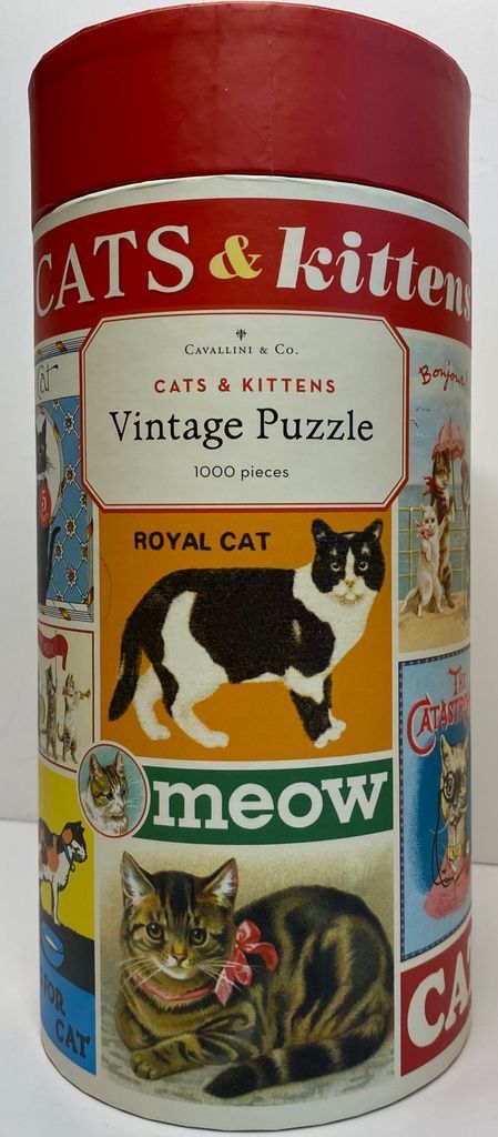 A collage of vintage-style illustrations of various cats and kittens in different artistic frames.