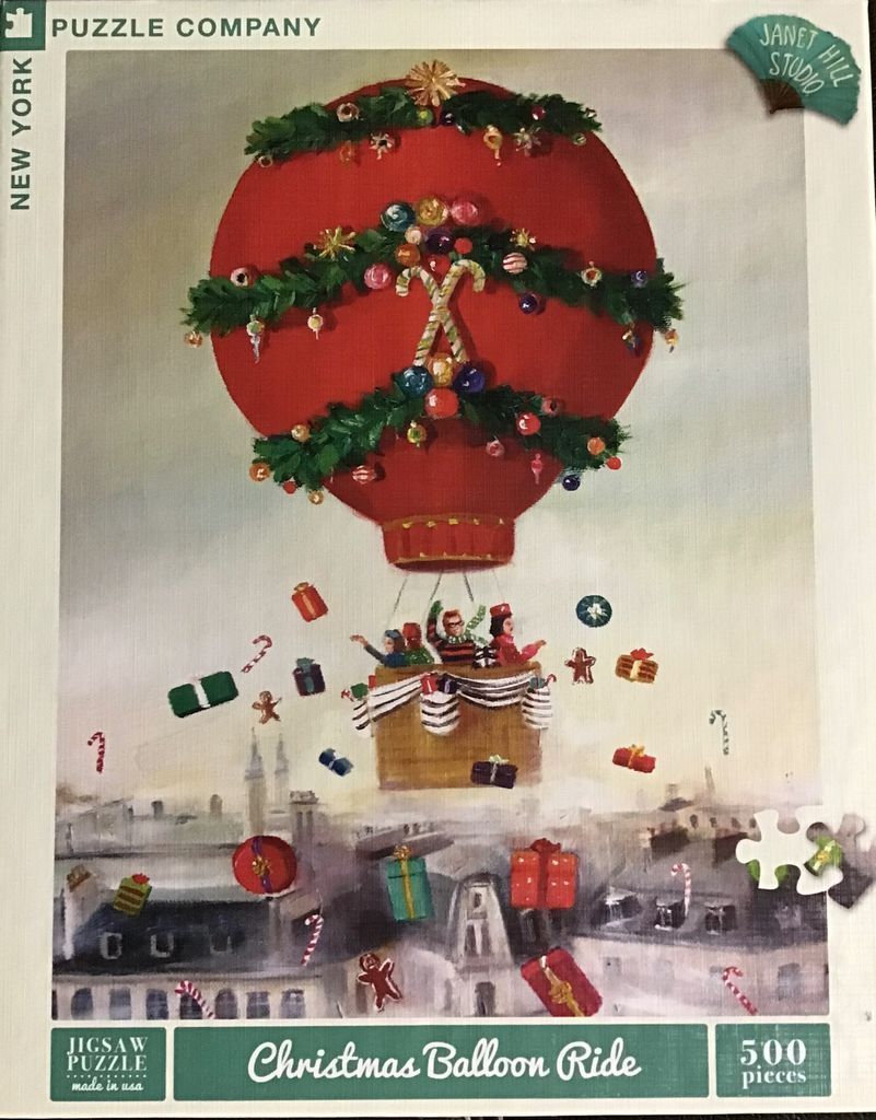 Illustration of a red Christmas-themed hot air balloon floating over a snowy city, dropping gifts.