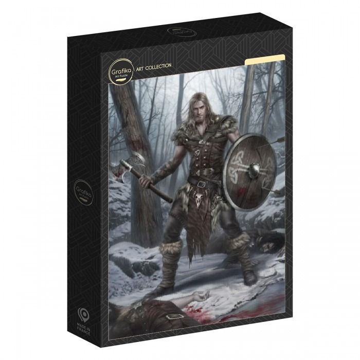 Fantasy illustration of a viking warrior standing in a snowy forest over defeated enemies.