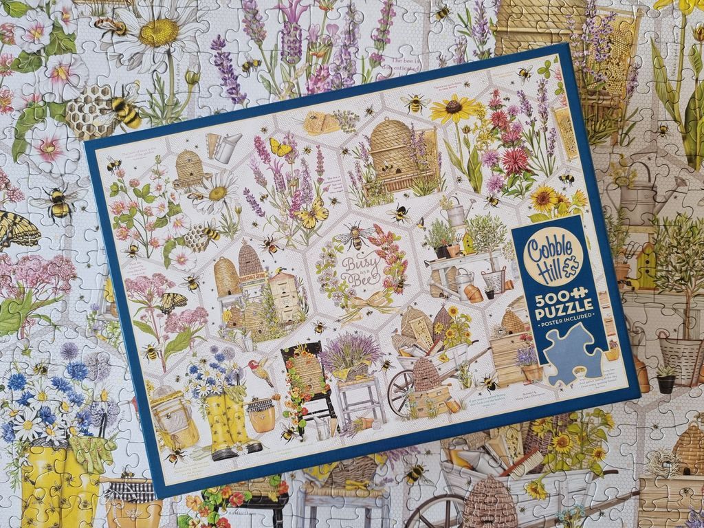 Collage of beehives, garden flowers, and bees in a honeycomb-patterned illustration.