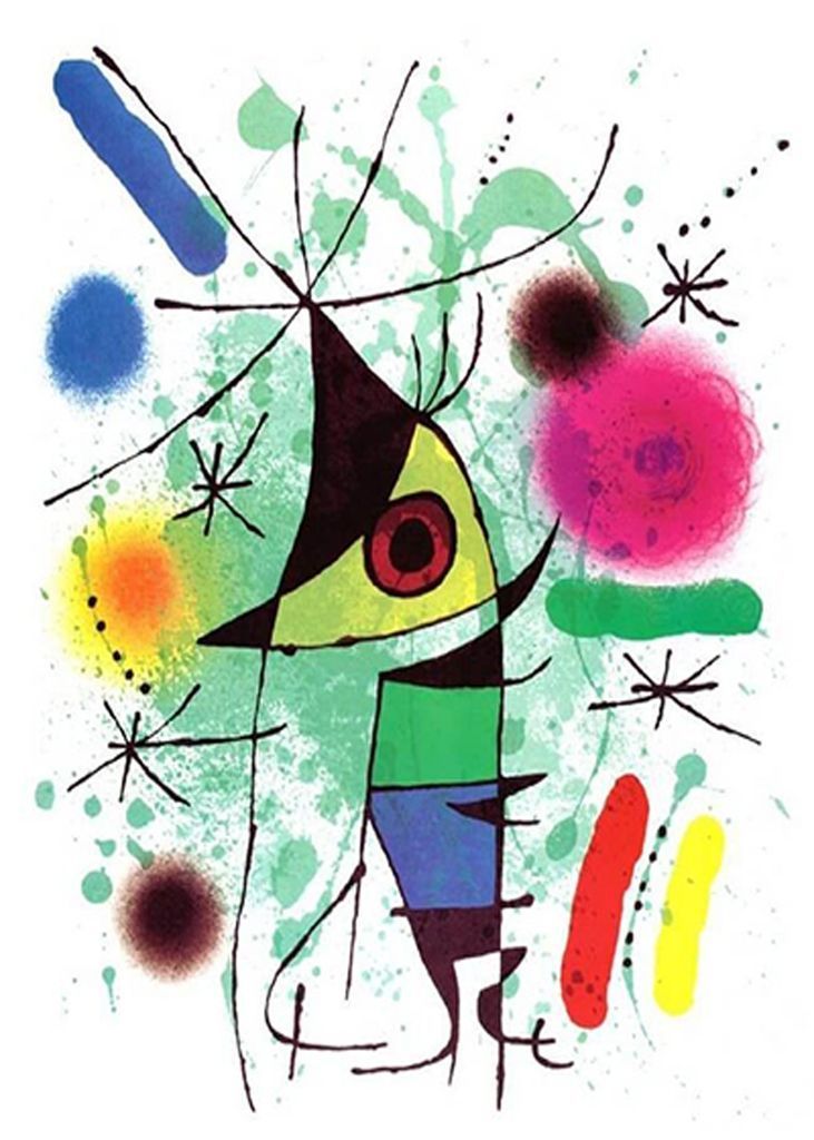 Abstract surrealist painting featuring a whimsical, colorful creature against a green splatter background.