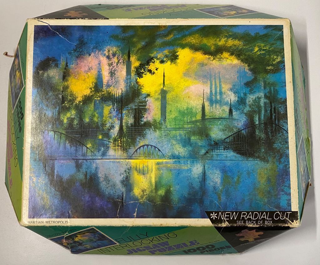 An impressionistic painting of a futuristic, mist-shrouded cityscape called Martian Metropolis.