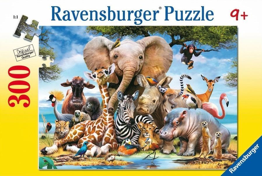 A group of diverse African animals gathered together under a blue sky