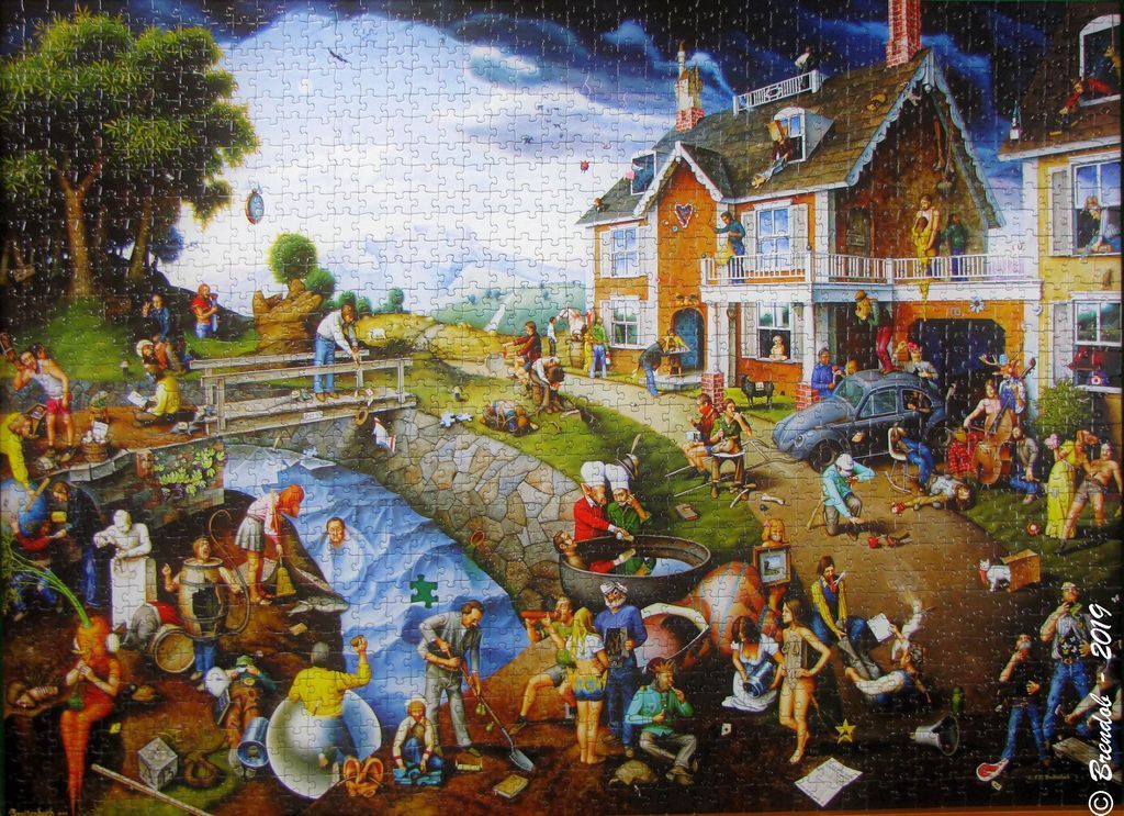 Whimsical, busy illustration of people in a surreal park setting with a house and river
