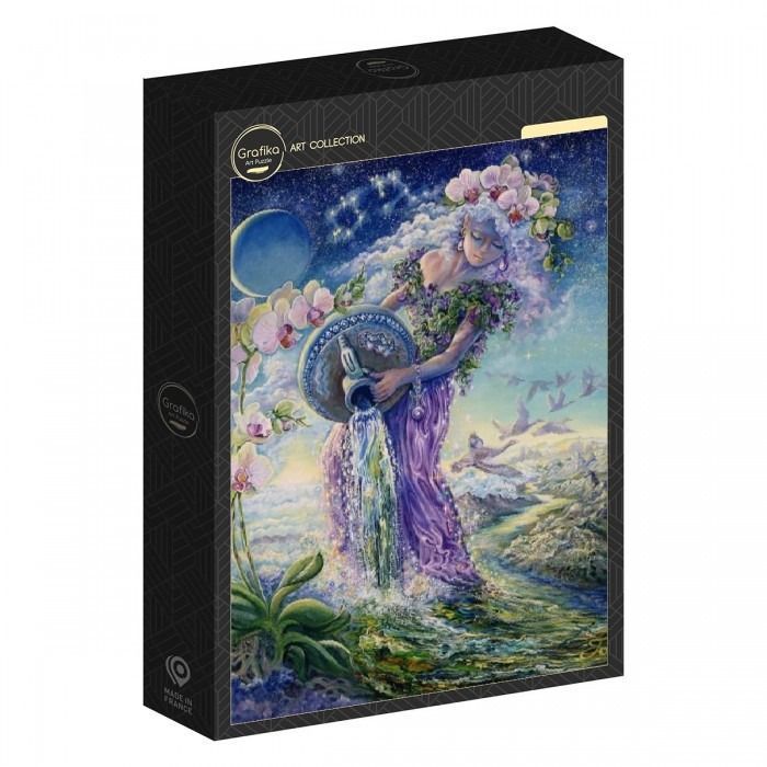 Illustration of the Aquarius zodiac sign featuring a woman pouring water from an ornate urn under a starry sky.