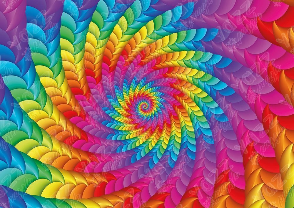 A vibrant, rainbow-colored spiral pattern made of overlapping, scale-like shapes.