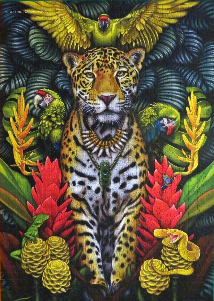 A central jaguar adorned with a beaded necklace, surrounded by tropical birds, flowers, and reptiles in a jungle scene.