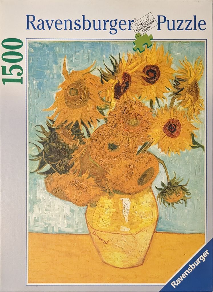 An oil painting of sunflowers in a yellow vase by Vincent van Gogh.