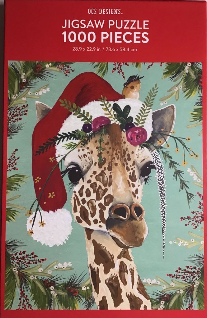 A whimsical illustration of a giraffe wearing a Santa hat and a floral crown, surrounded by evergreen branches.