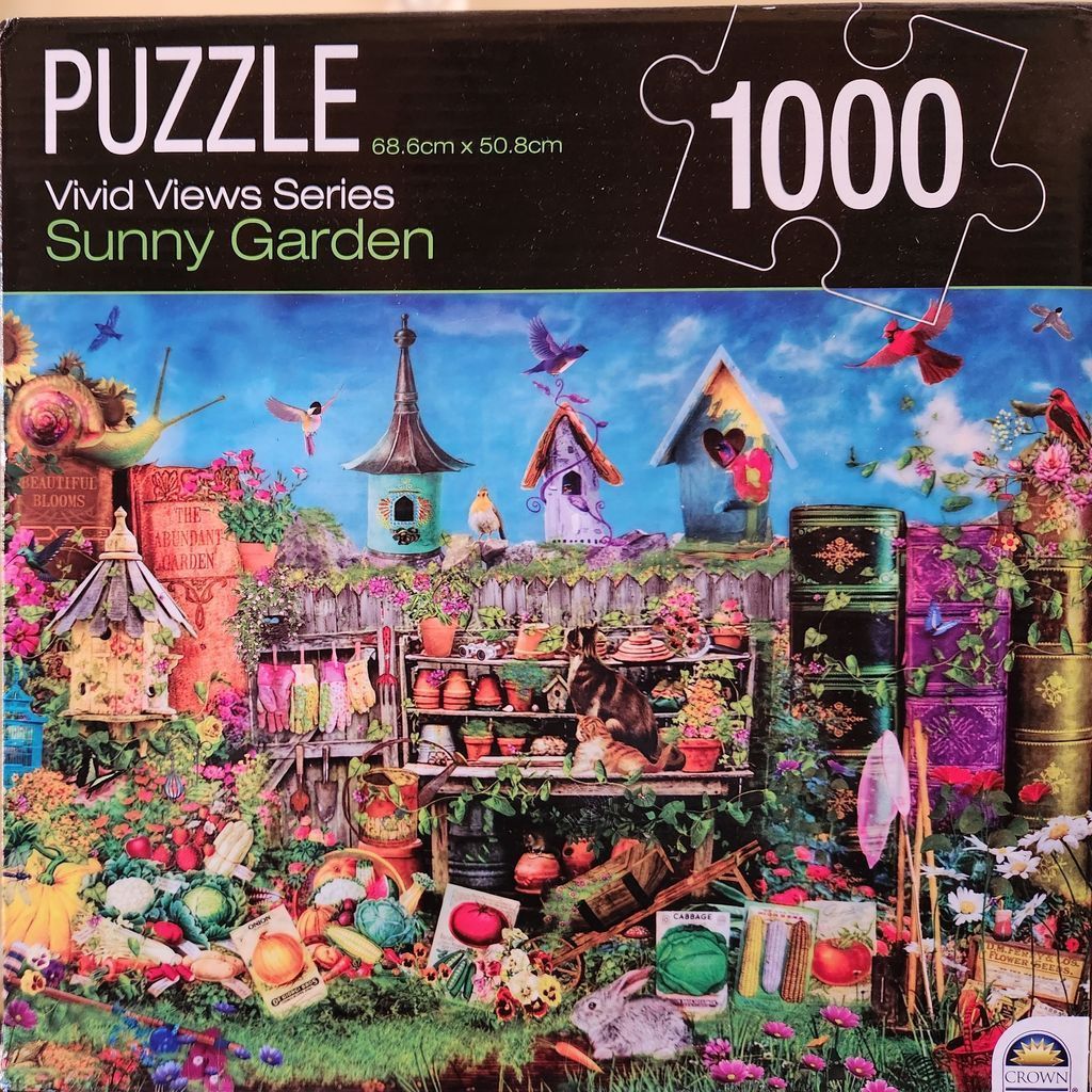 Whimsical garden scene with large stacked books, birdhouses, and various animals under a blue sky.