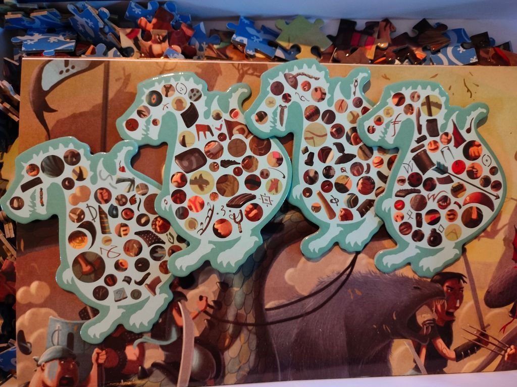 Four teal, dinosaur-shaped cutout overlays featuring circular windows displaying various small, distinct objects.