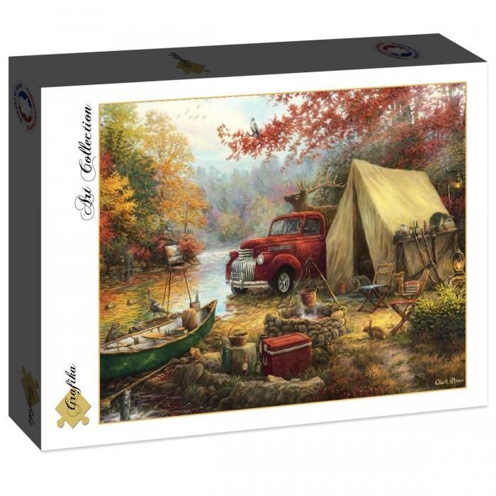 A red vintage truck and a canvas tent sit by a calm river in an autumn forest scene.