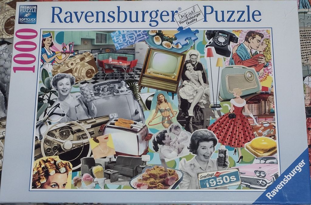 A collage of 1950s Americana, featuring classic cars, vintage appliances, retro fashion, and joyful domestic scenes.