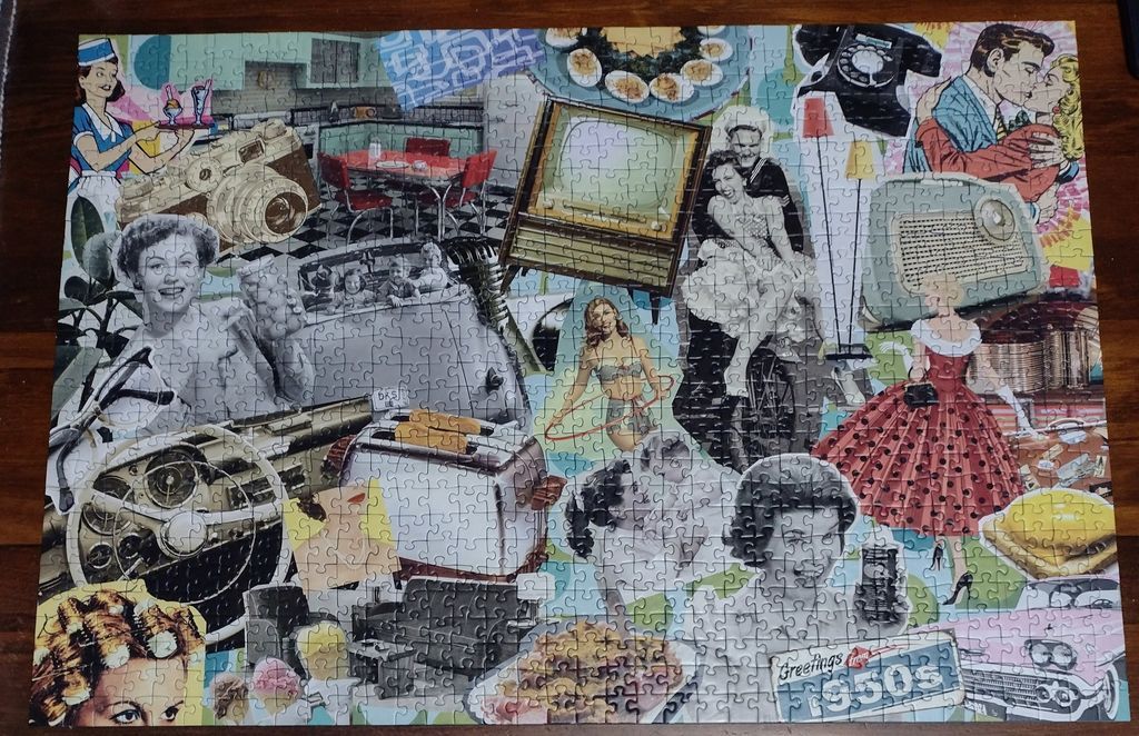 A collage of 1950s Americana including retro technology, vehicles, and lifestyle imagery.